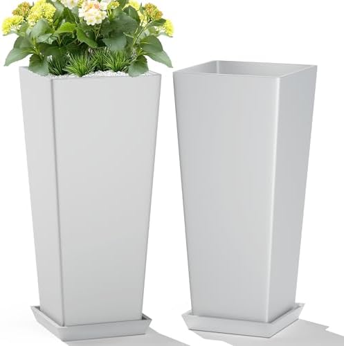 TUYOHW Set of 2 Large Planter for Indoor or Outdoor 24" Tall Flower Pots Tapered Planters with Tray for Porch, Patio, Backyard, Large Planters for Outdoor Indoor Plants (White)