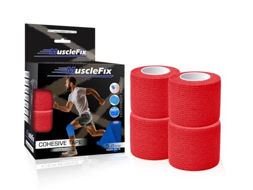 Image of Self Adhesive Cohesive Bandage Wrap for Humans & Pets | Breathable Athletic Tape for Sports, Injury, Knee & Wrist Support (5cm x 4.5m, Pack of 4) (Red)
