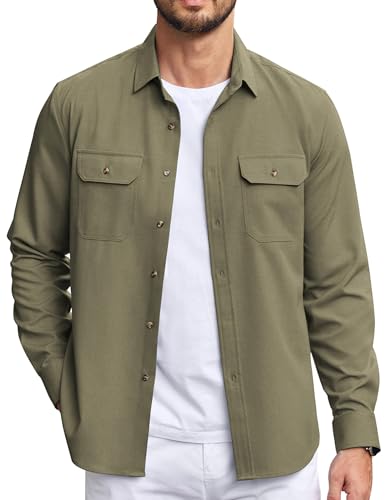 Coofandy Camisas Casuales con Botones para Hombre, Manga Larga, sin Arrugas, Camisa Ligera, Verde Militar, X-Large
