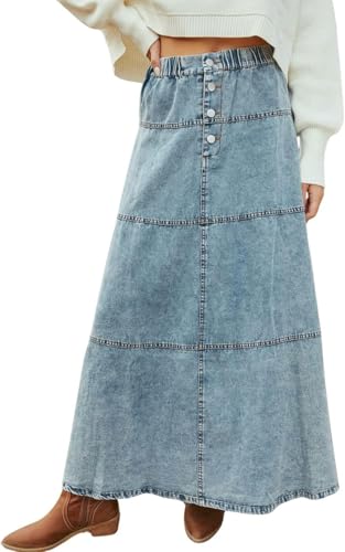Jupe maxi jean patchwork à taille élastique qui sublime votre silhouette