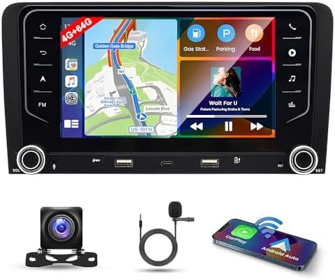 7 Inch 4G+64G Android 14 Car Stereo for Audi A3 S3 RS3 2003-2012 IPS Touch Screen 2 Din Car Radio Receiver w/Wireless Carplay Android Auto GPS Navi Bluetooth Wifi HiFi BT SWC FM Backup Camera Mic