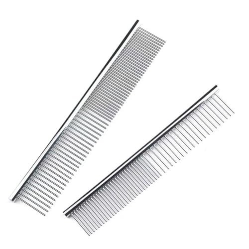 Pets Grooming Combs, 2 PCS Stainless Steel Pet Combs, Metal Pet Comb with Rounded Teeth, Fur Detangling Tool for Pets, Pets Grooming Comb for Dogs Cats with Tangled Short/Long Hair - Silver
