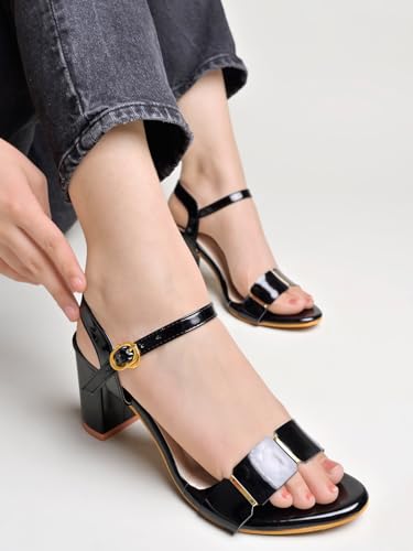 Image of Shoetopia Elegant Heeled Sandals for Women ||Ankle Strap Chunky Block Heels with Gold Accent - Open Toe Dress