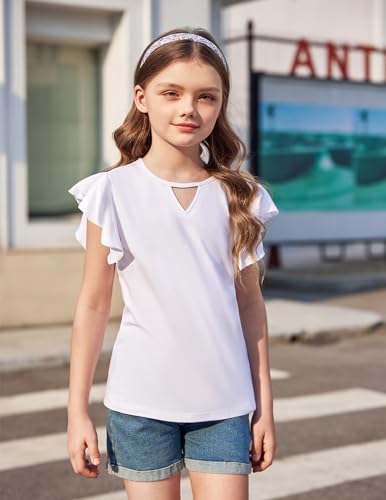 Image of Arshiner Girls Shirts Short Sleeve Tee Ruffle Solid Summer Keyhole Neck Cotton Blouse Tops