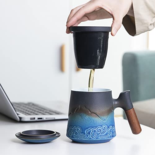 Maxjoy Tea Cup With Infuser And Lid Ceramic Tea Mugs With Wood Handle For Steeping Loose Leaf Tea(13.5Ounce, Classic Gradient Black Blue Glaze) High-End Porcelain Gifts #TOP2