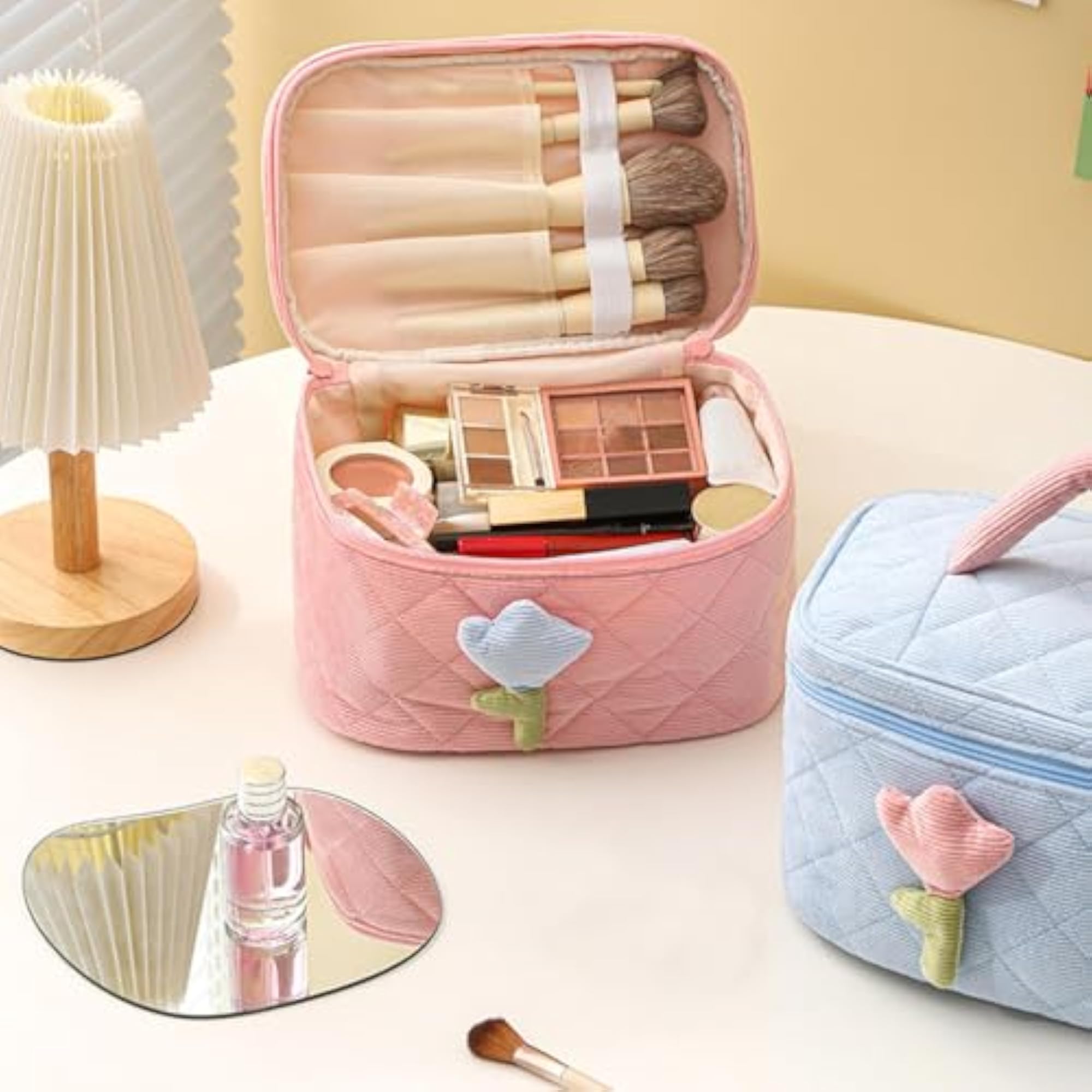 Women's Cute Quilted Toiletry Bag with Handle, Travel Essential
