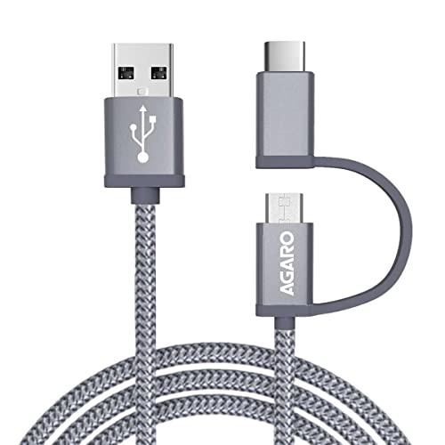 Image of Agaro 2 in 1 Usba to Micro to Type C Nylon Braided, Sturdy Cable with Fast Charging & Data Transmission 1.2M Cable for Smartphone and Charging Adapter (3.93 Feet Long) (Grey)