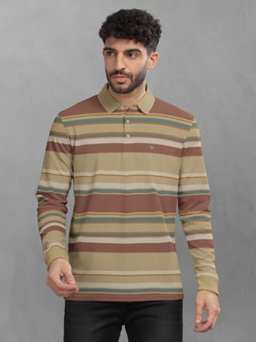 Image of BULLMER Striped Textured Printed Polo Neck Fullsleeve T-Shirt with Rib for Men