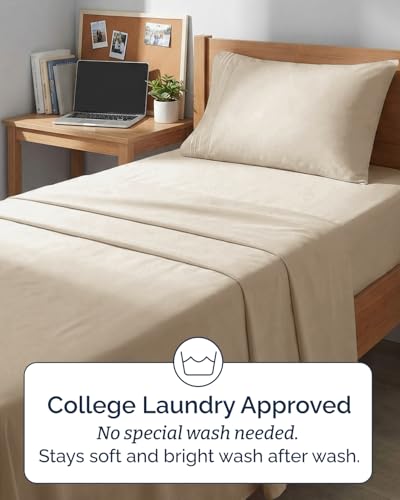 Image of Twin XL 4 Piece Sheet Set - College Dorm Room Essentials - Cream | Ultra Soft Dorm Bedding Set, 8 inch to 16 inch Inch Deep Pockets, 1 Flat & 1 Fitted Sheet & 2 Pillowcases, Wrinkle & Fade Free