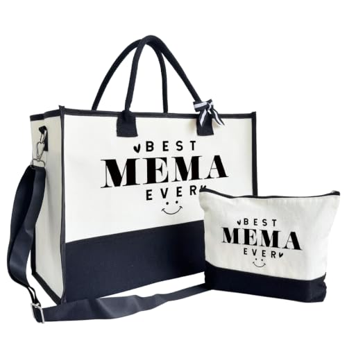 Image of SUSZDOU Gift for Best Mema Ever, Large Canvas Beach Bag with Inner Pocket and Makeup Pouch, Reusable Travel Outing Shoulder Bag for Women, Birthday Gift or Mother's Day Present for Mema and Grandma