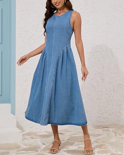 Women's Sleeveless Backless Denim Maxi Dress Casual A Line Cut Out Long Flowy Jean Tank Dress2