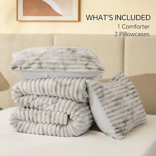 Image of BEDELITE Fleece Full Comforter Set -Super Soft & Warm Fluffy Grey&White Bedding, Luxury Fuzzy Heavy Bed Set for All Season with 2 Pillow Cases