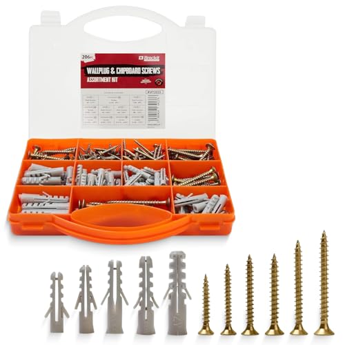 Brackit 206 Piece Drywall Plugs & Anchors Set – Heavy Duty Chipboard Screws Assortment Kit inc. Countersunk Pozi Drive Head Wood Screws – For Repairing, Drilling, Mounting, Building, Furniture and DIY