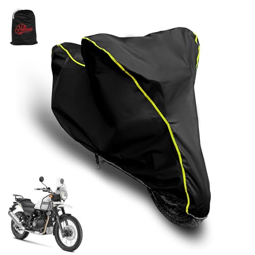 Image of Waterproof Two Wheeler Cover for Himalayan Bike | UV Proof, Heat Resistant & All Weather Protection | Black & Yellow Piping Color | Durable & Triple Stitched