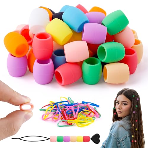 Silicone Hair Beads for Kids, 50Pcs Soft Colorful Rubber Pony Beads for Girls Braids Women Hair Accessories for Dreadlock with Rubber Band and Quick Beader, Large