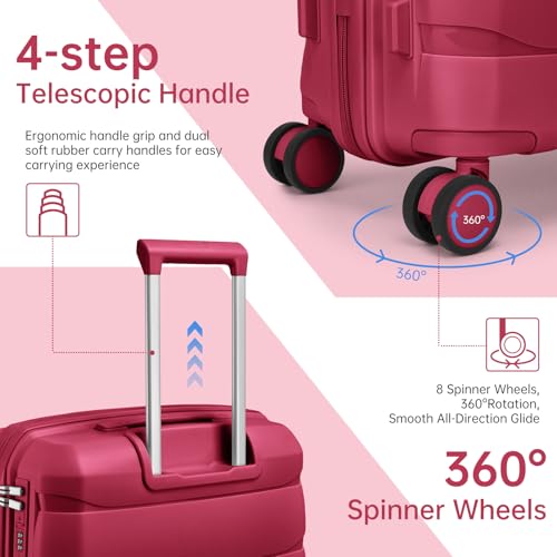 Image of Carry On Luggage 22x14x9 Airline Approved, 22 Inch PP Hardshell Luggage Carry-on Suitcase with Spinner Wheels, Carry On Suitcase Set for Women(Rose Red)