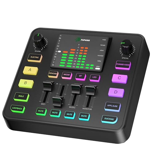 PUPGSIS Audio Mixer for Streaming – 1/4' TRS Dynamic Mic Interface, Audio Interface with Reverb, 4 Custom Sound Effects, Voice Changer, Noise Cancellation, RGB, Bluetooth Input Only – for Podcasting