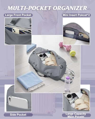 Image of Gym Bag for Women with Shoe Compartment Lightweight Travel Duffle Bags Carry on Bag Overnight Weekender Duffel Bag with Wet Pocket Personal Item Travel Bag Tote Bag Workout Dance Bag Grey