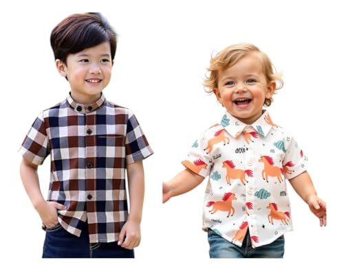 Image of Boys Short Sleeve Button Down Shirts, Plaid and Striped Pattern, Cotton Casual Tops, Pack of 2