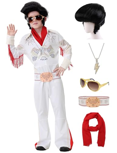 Coseaon Déguisement Disco Enfant Annee 70 Costume Rock Star Combinaison Deguisement Set avec Perruque, Lunettes de soleil, écharpe, Collier, Ceinture (140)