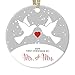 Love Birds Mr & Mrs Ornament 2017, 1st Married Christmas Porcelain Ornament, Doves First Married Christmas, 3" Flat Circle Christmas Ornament w Glossy Glaze, Red Ribbon & Free Gift Box | Hawthorne