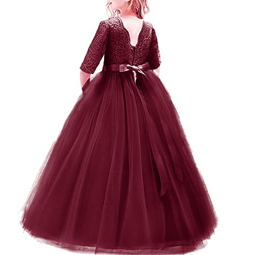 Flower Girls 3/4 Sleeve Deep V-Back Tulle Vintage Lace Wedding Party Long Dress Princess Communion Pageant Maxi Gown