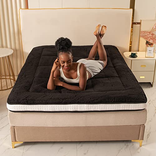Maxyoyo King Futon Mattress Foam Mattress Topper, Japanese Floor Mattress Futon Bed Mattress Pad, Guest Bed Mattress Reversible And Foldable Mattress, Cozy Sherpa Fleece Black King Floor Bed #TOP7