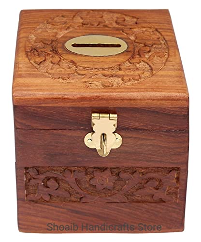Image of Wooden Money /Piggy Bank, Money Box, Coin Box with Carved Design for Kids /Children. with Lock (Wooden Money Bank Coin Storage Kids 14)
