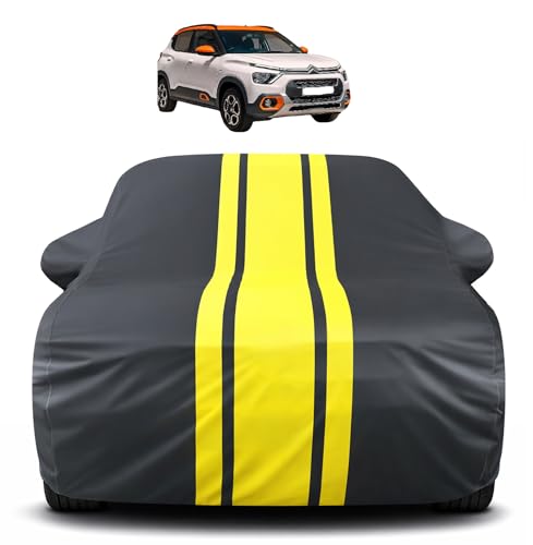 Image of Auto Hub Car Cover Compatible with Citroen C3 with Mirror Pocket, Soft Cotton Lining, Citroen C3 Car Cover Waterproof - Yellow-Black