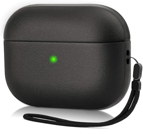 Image of KHR Leather Texture Full-Body Protective Case Cover for AirPods Pro 3rd Generation (2025), Wireless Charging and Front LED Visible Case with Lanyard for AirPods Pro 3 (Black)
