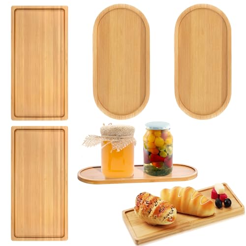4 Piezas Bandeja de Bambu Cafe Bandejas de Madera Decorativa Rectangular Pequeña, 17.5 * 8.9cm Bandeja Baño para Lavabo Servir Comida Ovalada Cocina 2 Formas para Suculentas, Posavasos, Té, Pastel