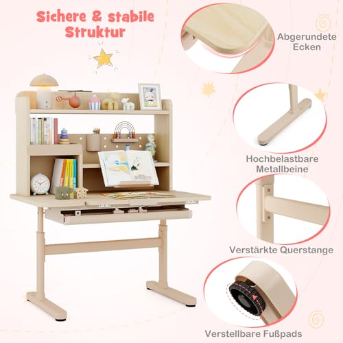 COSTWAY Schreibtisch Kinder, Kinderschreibtisch 52-74 cm höhenverstellbar mit neigbarer Tischplatte, Kindertisch mit Regal, Schublade, & Buchständer, Schülerschreibtisch für Kinder ab 3 Jahren (Natur)