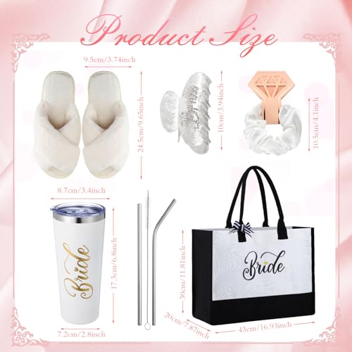 6 Pcs Wedding Bridal Gifts Bridal Robe Sets with Slippers 20 oz Bride Tumbler Canvas Tote Bag White Satin Scrunchies Hair Clip Wedding Day Robe for Women Engagement Bachelorette Party3