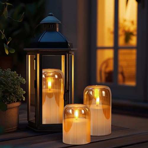 Image of Eldnacele Gold Glass Flameless Candles with Remote and Timer, Battery Operated 3D Wick Flickering LED Pillar Candles for Dinner Wedding Holiday Decor(3Pcs, D3xH4 /5 inch /6 inch)