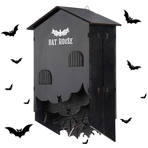 Bat House, Bat Boxes for Outside, Wooden Tree House for Backyard, 3-Chamber Bat Cave, Weatherproof, Easy Install(Black)