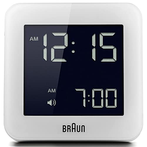 Braun Digital Alarm Clock with Snooze, Negative LCD Display, Quick Set, Beep Alarm in White, Model BNC009WH.