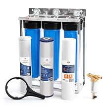 Aquaboon 3-Stage Whole House Water Filter System with 5 Micron 20x4.5 Anti-Scale Reducing Sediment Water Purification and Carbon Chlorine Reduction Filter, Pressure Gauges, Wrench, Bracket