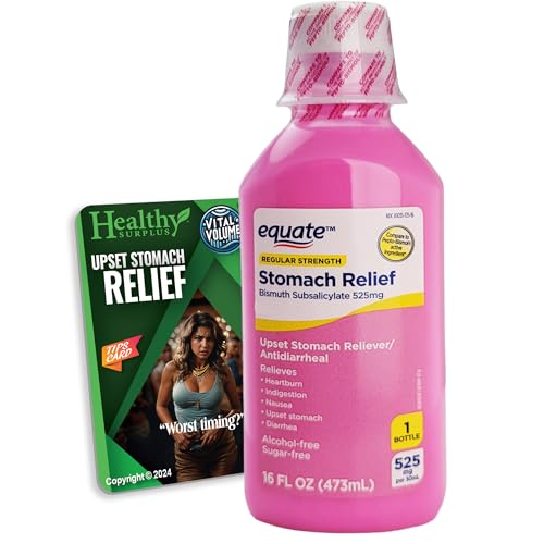 Healthy Surplus Equate Stomach Relief Liquid 16 FL OZ (473mL) Bismuth Subsalicylate 525mg and Vital Volumes Upset Stomach Tips Card Bundle