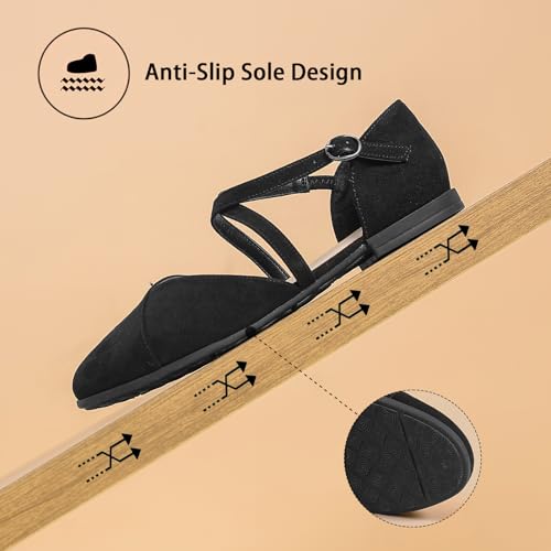 Saidoteto Women's Ankle Strap Flats - Comfortable Round Toe Dress Shoes with Adjustable Buckle, Criss-Cross Design for Work, Wedding, Office & Casual. Black Size 9 WFT240810-034