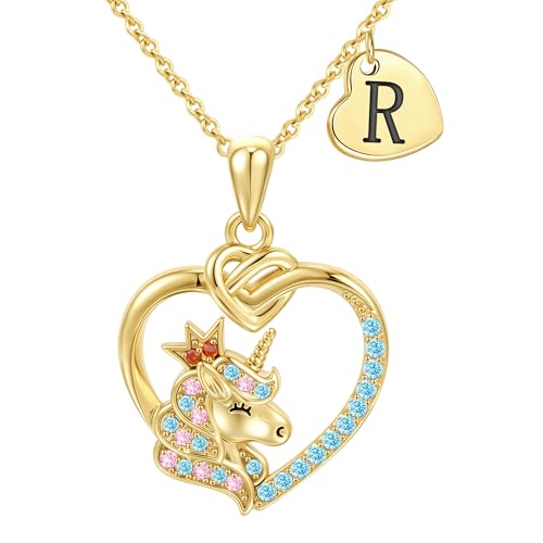 Unicorn Initial Necklaces for Girls Kids Women - 18K Really Gold Filled Unicorn Initial Letter Necklace Teen Girls Gifts Trendy Stuff Heart Letter Necklace for Women Girl Kids Gifts