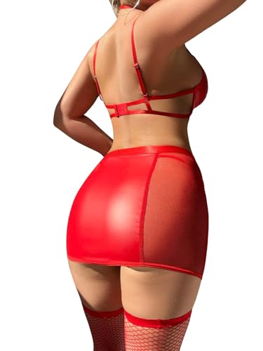 Image of Foxiny Sexy Cutout Halter Underwire Leather Mesh Sheer Mini Skirt Stocking Lingerie Set 4 Piece Outfits