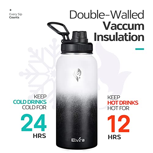 Elvira 32Oz Vacuum Insulated Stainless Steel Water Bottle With Straw & Spout Lids, Double Wall Sweat-Proof Bpa Free To Keep Beverages Cold For 24Hrs Or Hot For 12Hrs-White/Black Gradient #TOP3