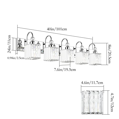 Image of Ralbay Chrome Crystal Vanity Lights 5-Lights 40'' Modern Crystal Bathroom Light Fixtures Modern Crystal Vanity Lighting Over Long Mirror Bathroom Wall Lighting Fixtures