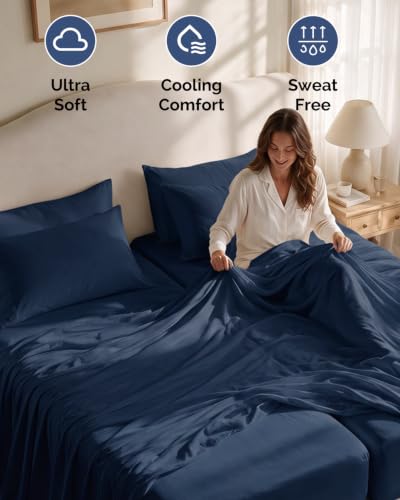 Image of Split King 7 Piece Bed Sheet Set - Comfy, Breathable & Cooling - Dark Blue