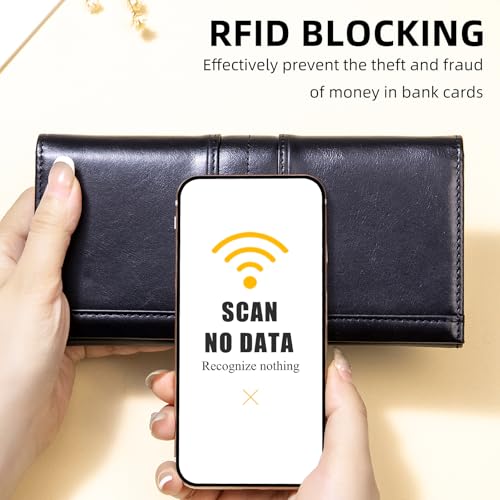 Image of Wallets for Women RFID Blocking Long Ladies Wallet Bifold Womens Leather Wallet with Coin Pocket ID Window, Black