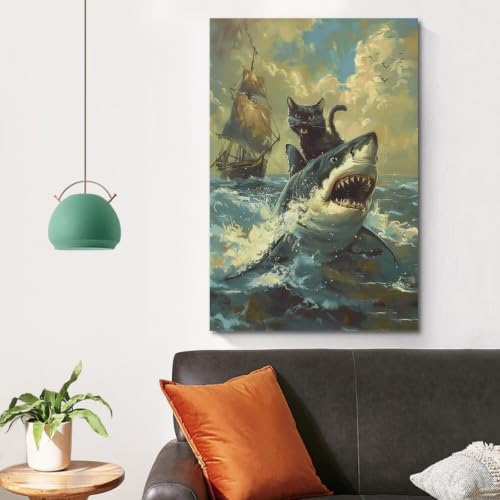 Cuadros estéticos de gato y tiburón de 20x30" para dar un toque divertido al dormitorio actual 4