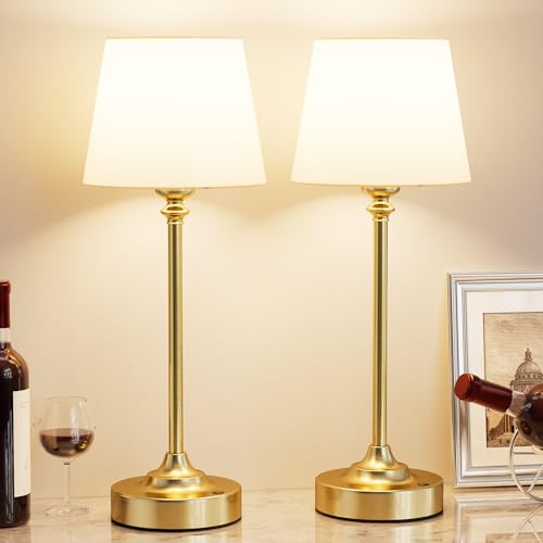Image of Kakanuo Cordless Table Lamps Rechargeable Set - 2 Pack Gold 4000mAH Battery Operated Lamps for Decor, 3000K Stepless Dimming Touch Wireless Lamp for Bedroom, Dining Table, Living Room, White Shade