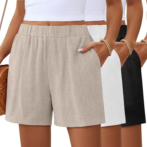 Ficerd 3 Pack Women's Linen Summer Shorts, 3-Color Set, Large