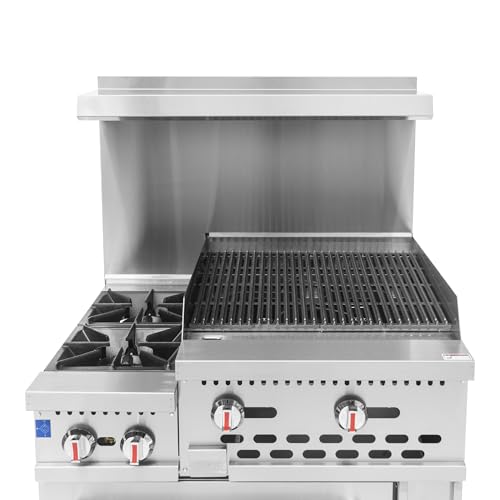 Image of Kratos 36 inch Wide Commercial Gas Range with 24 inch Charbroiler, 2 Burners, and Full Size Oven, 154,000 BTU Output, Freestanding Range for Restaurants, Liquid Propane