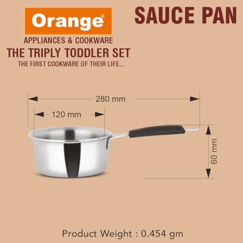 Image of ORANGE Triply Toddler Cookware Set /Gift Set (3 Pc) - Kadai, Fry Pan & Sauce Pan | 2.5mm Thick, Gas Stove Compatible | Heavy Bottom, Cool Touch Handle | Ideal for Baby Food | 5 Year Warranty